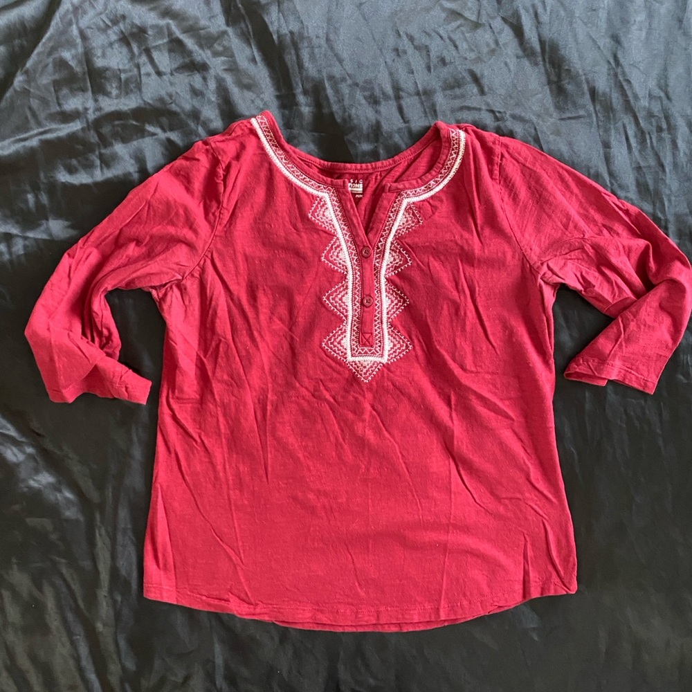 Basic Editions Red Blouse with White Embroidery